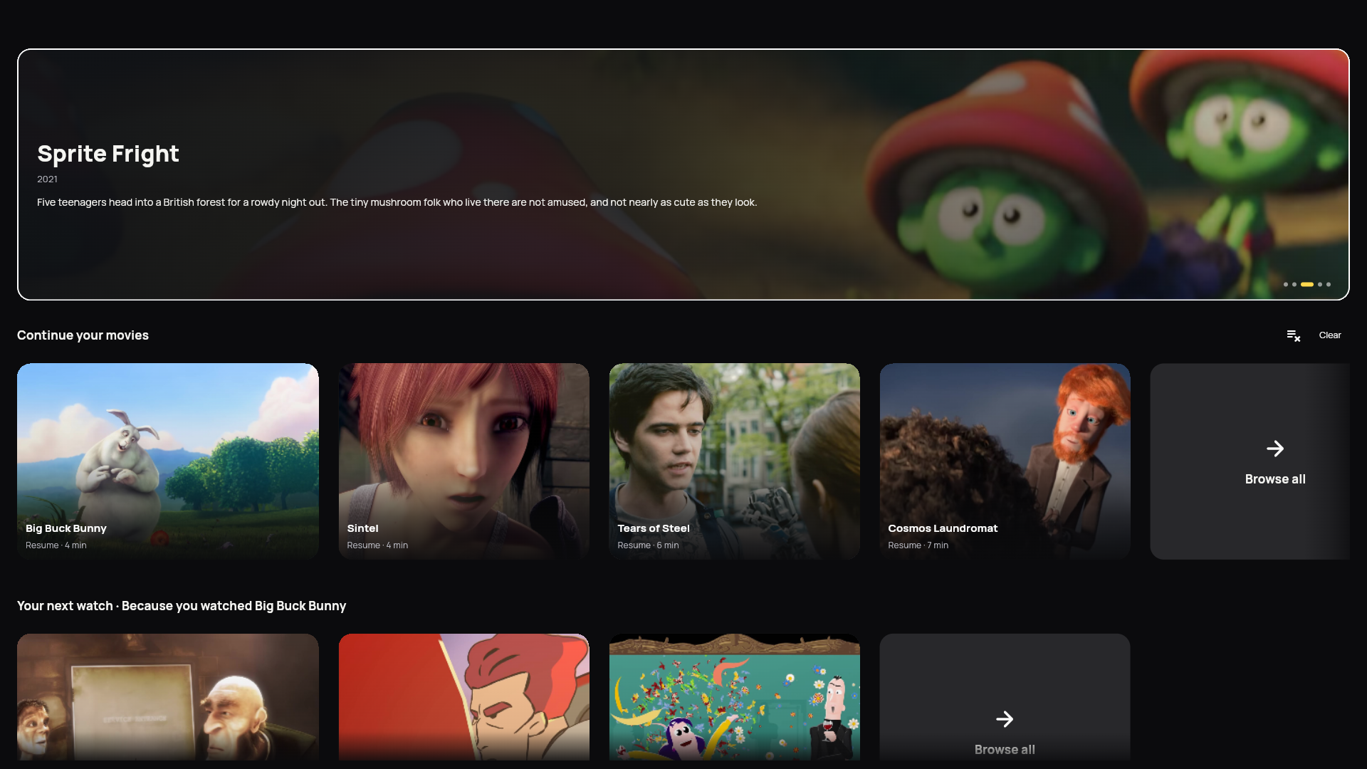 LazyPlayer on Android TV: the home screen with poster shelves from a sample playlist of open movies