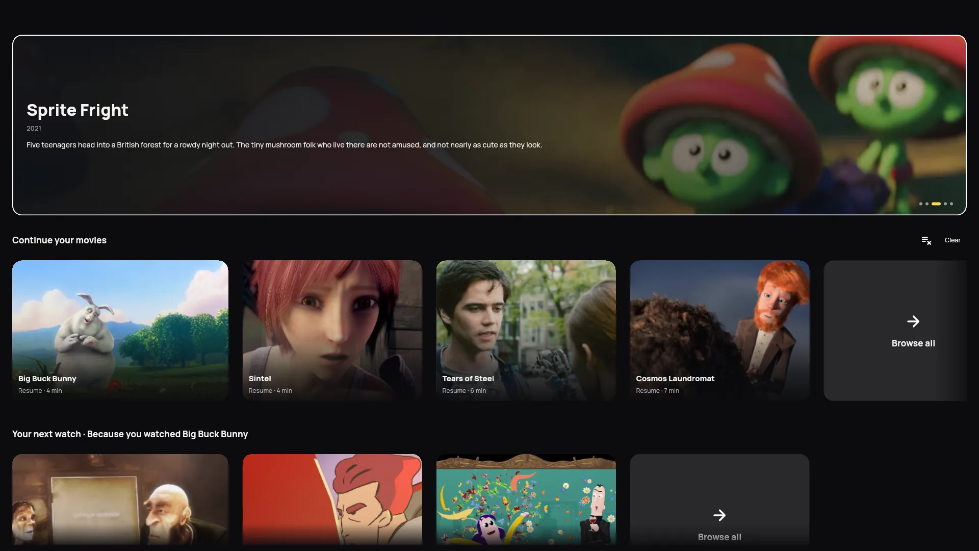 App TV-layout home screen: Big Buck Bunny focused in Continue your movies, above a Your next watch shelf because you watched Big Buck Bunny