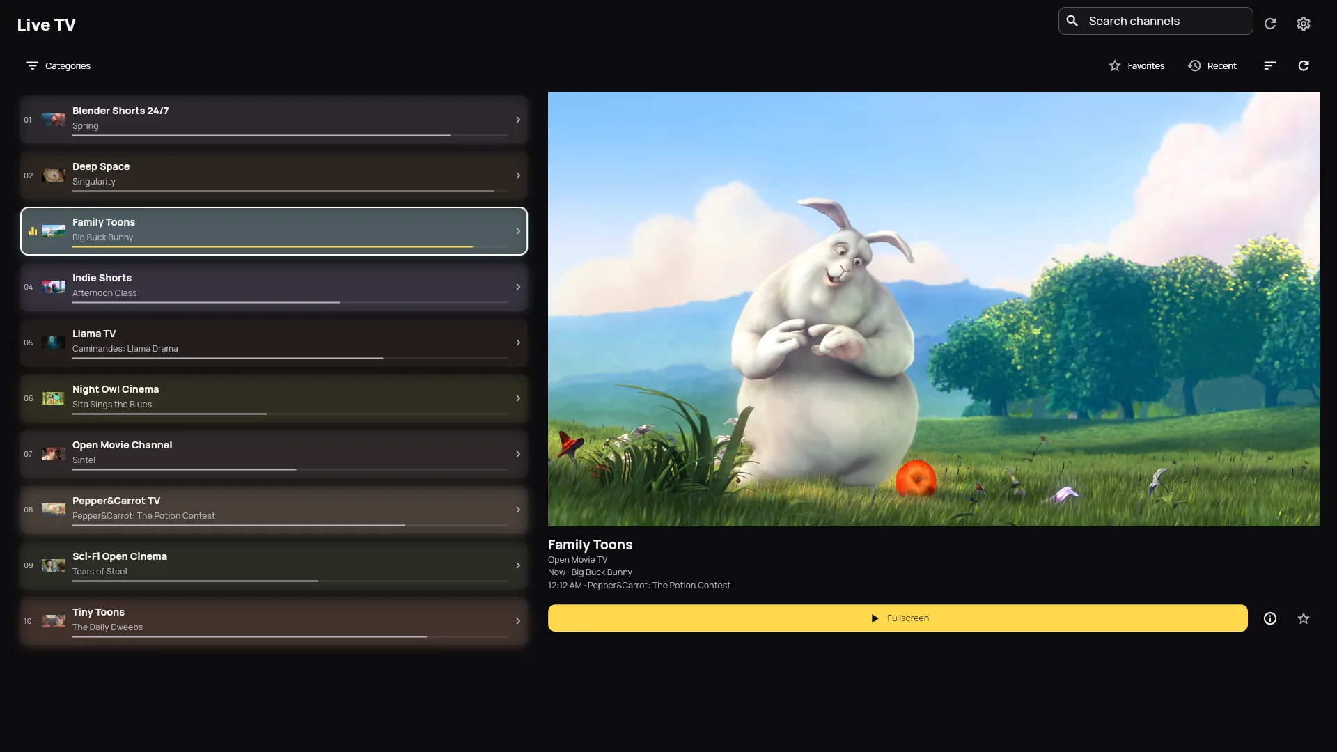 App TV-layout live TV screen: Family Toons focused in the channel list, with its preview showing Big Buck Bunny